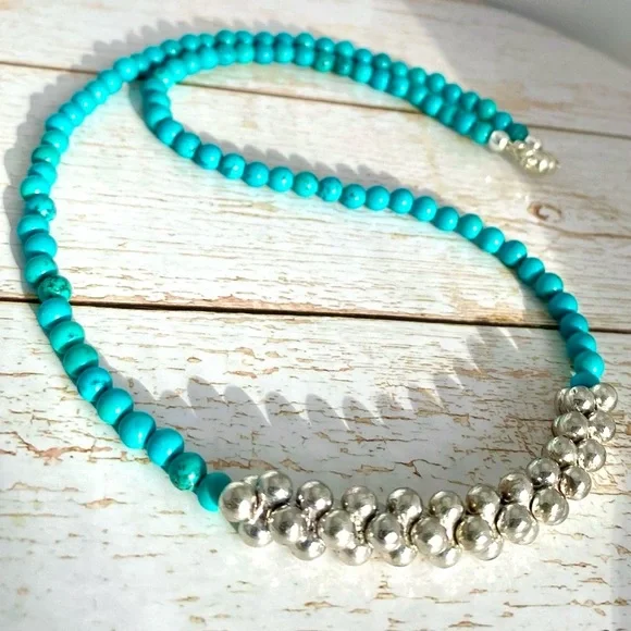 Turquoise and Silver Plated Beaded Necklace - Picture 4 of 4